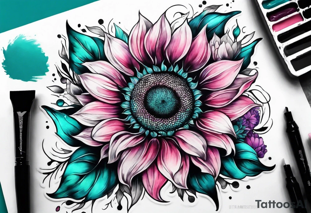 Teal, pink and purple sunflower sleeve tattoo idea