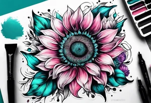 Teal, pink and purple sunflower sleeve tattoo idea