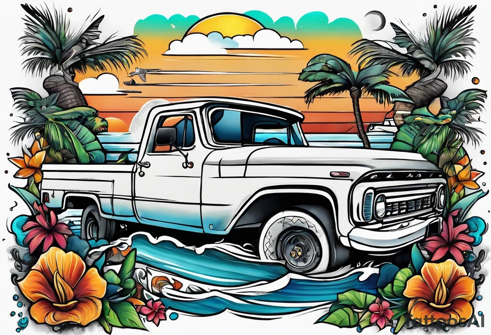 Tattoo representing the state of Florida with the beach, gators and some mechanic attributes tattoo idea