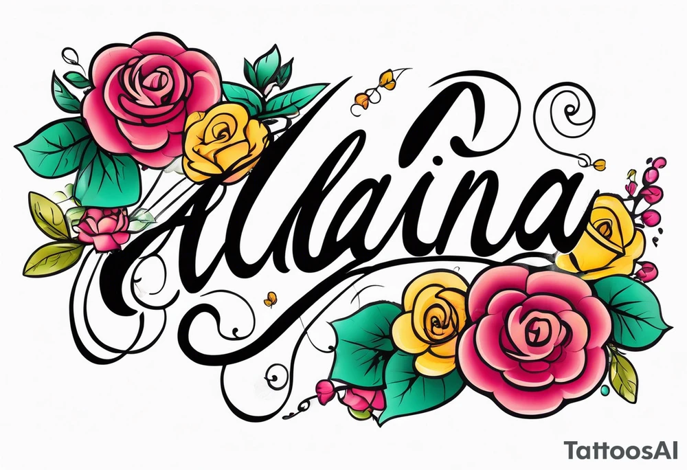 The name Alaina in cursive with small roses around it tattoo idea