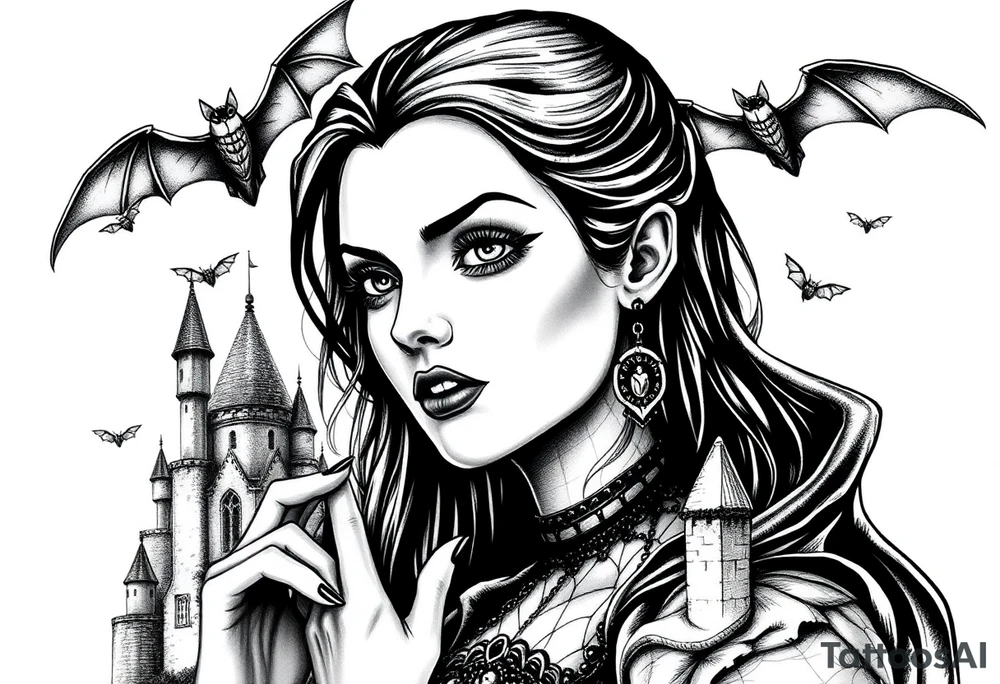 female vampire,bats,old castle. tattoo idea