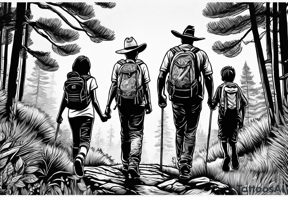 A man  with his family hiking through the Forrest. Add Mexican American tone tattoo idea