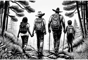 A man  with his family hiking through the Forrest. Add Mexican American tone tattoo idea