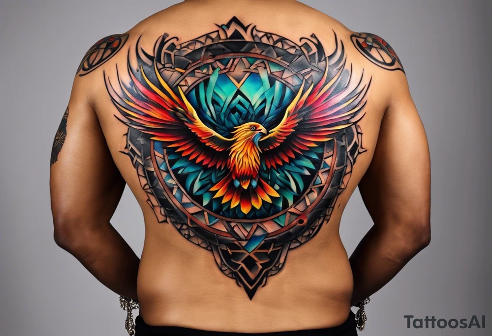 Wide tattoo that appears to be bursting out of the skin, symbolizing freedom. The tattoo should be vibrant and dynamic, with bold lines and colors that evoke a sense of liberation and empowerment. Consider incorporating elements such as broken chains, or other symbols of freedom. The tattoo should be visually striking and thought-provoking, inviting the viewer to reflect on the importance of personal freedom. tattoo idea
