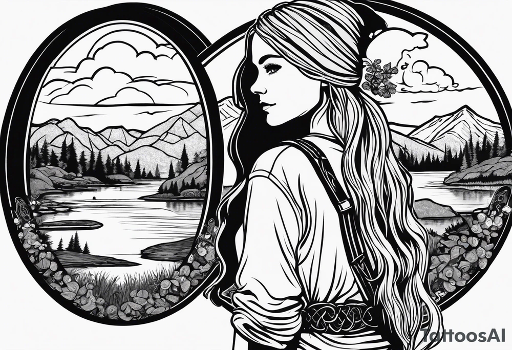 Whole picture encircled fully

Straight long blonde hair hippie girl in distance holding mushrooms in hand facing away toward mountains and creek surrounded by mushrooms long sleeve shirt and hiking pants; whole rendering within a full celtic circle, no cut off circle tattoo idea