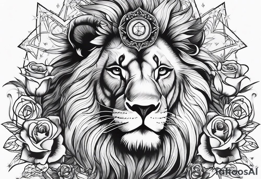 Lion with roses & spiders with stars tattoo idea