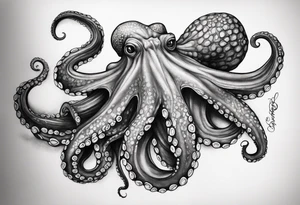 A shy but curious 8 inch tall octopus holding on to my leg for dear life while peaking around my calf tattoo idea