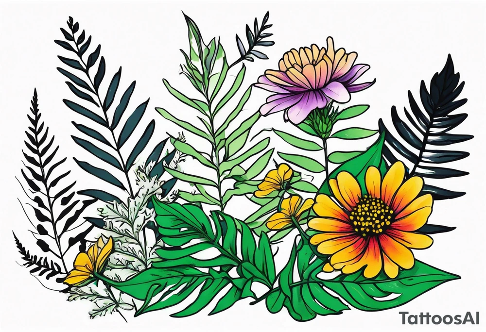 saturated mixed wildflower with ferns and with color tattoo idea