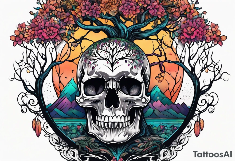 Tree of life growing out of skull tattoo idea