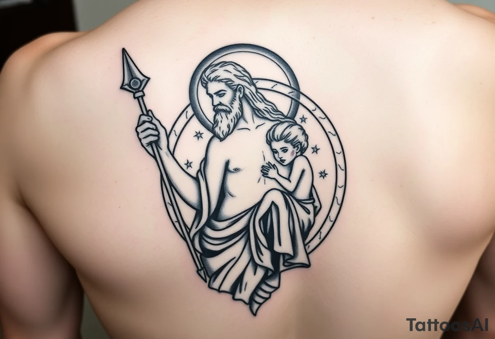 a tattoo design of the Greek God Saturn holding his spear in one hand with the Saturn Symbol as the spear head, in his other arms cradling a twin younger version of himself. The gemini constellation is in the background behind the Saturn Gods with the saturn rings circling around the tattoo like the planet saturn with the ring coming from behind, circling in front and going round the other side tattoo idea