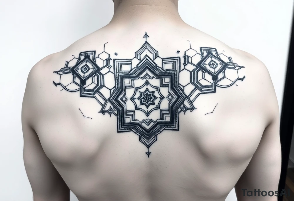 design a full sleeve tattoo that consists of a base layer of abstract hexagon pattern overlaid with a little blackwork abstract while incorporating the top tattoo and integrating slight biomech designs tattoo idea