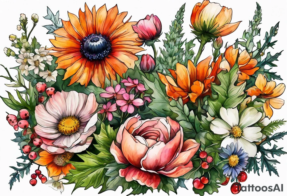 wildflowers with thistles, ferns, white anemones, sun flowers, orange flowers, green flowers, pink flowers, red flowers, berries and babies breath and daisies all in watercolor tattoo idea