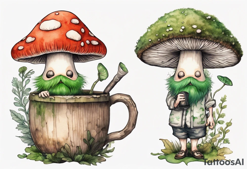 a mushroom with a face and a moss beard and arms and legs drinking from a wood mug tattoo idea