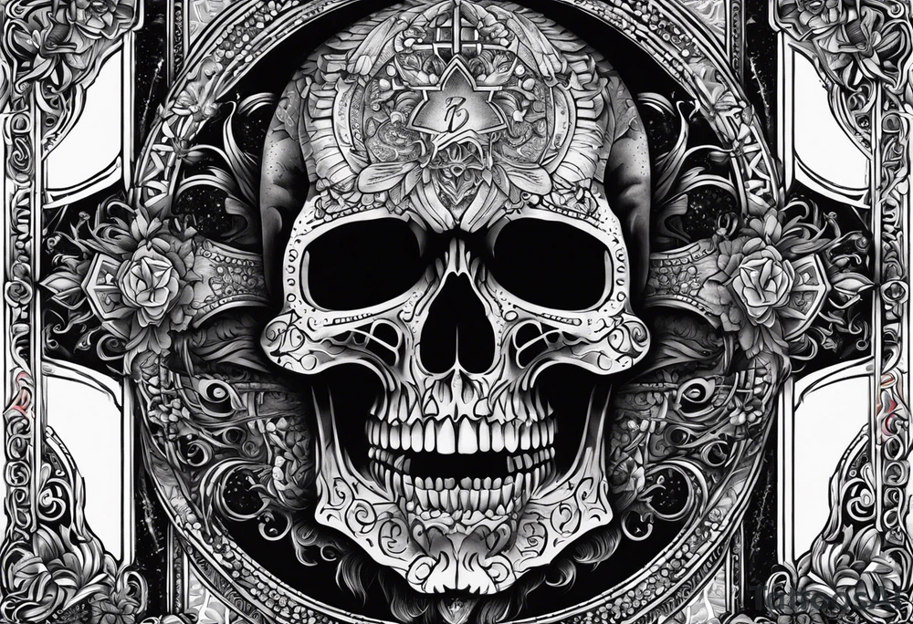 Big Skull with fangs , three crosses, words saying “A Sound Soul Dwells Within A Sound Mind and Sound Body” tattoo idea