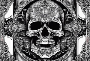 Big Skull with fangs , three crosses, words saying “A Sound Soul Dwells Within A Sound Mind and Sound Body” tattoo idea