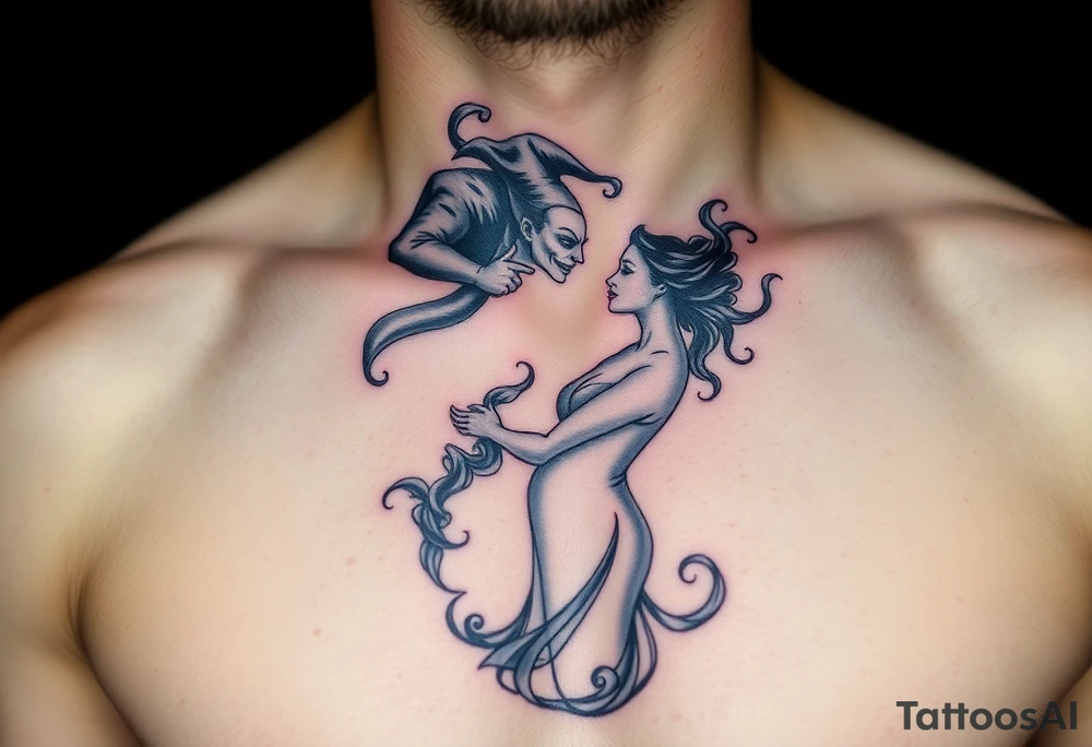jester hovering over woman in smoke tattoo idea