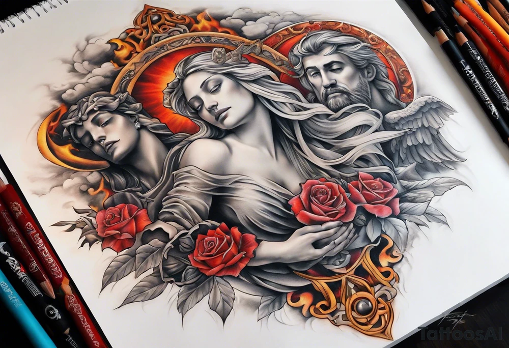 heaven with angels, hell with demons, full arm sleeve tattoo idea