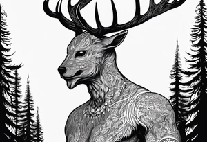 A spooky dead NO SKIN lore accurate wendigo side profile surrounded by a forest fire in background tattoo idea