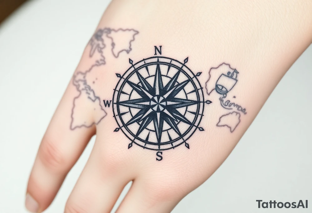 antique compass rose overlaid on weathered world map with sailing ships tattoo idea