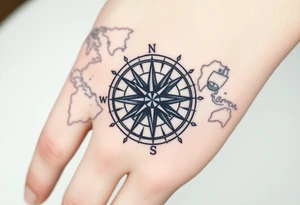 antique compass rose overlaid on weathered world map with sailing ships tattoo idea