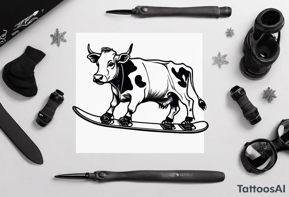 Generate a minimalist and simple black and white tattoo design featuring a joyful cow snowboarding, wearing goggles. Focus on essential lines and details to convey the playful spirit of the scene. The cow should exude confidence while effortlessly snowboarding down a snowy slope. Keep the design clean and uncluttered, suitable for a small to medium-sized tattoo space. Emphasize the charm and whimsy with the addition of goggles, ensuring the overall aesthetic remains simple and minimalistic. The goal is to create a visually appealing and easily recognizable tattoo that captures the essence of a cow enjoying a snowboarding adventure tattoo idea