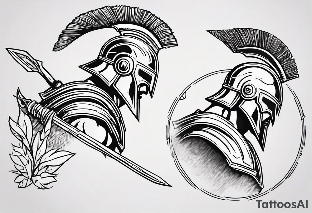 rectangular landscape format ultra-fine line linework vector of a spartan from the side, spartan spear, spartan shield, laurel wreath tattoo idea