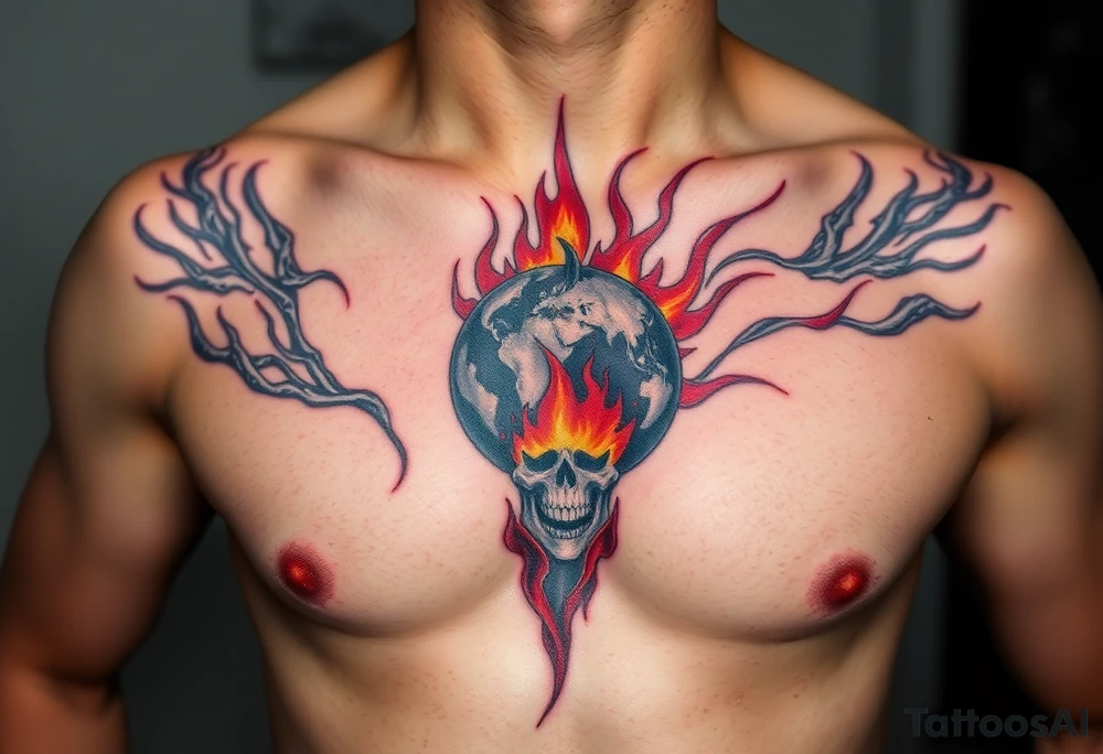 toxic world on fire tattoo idea