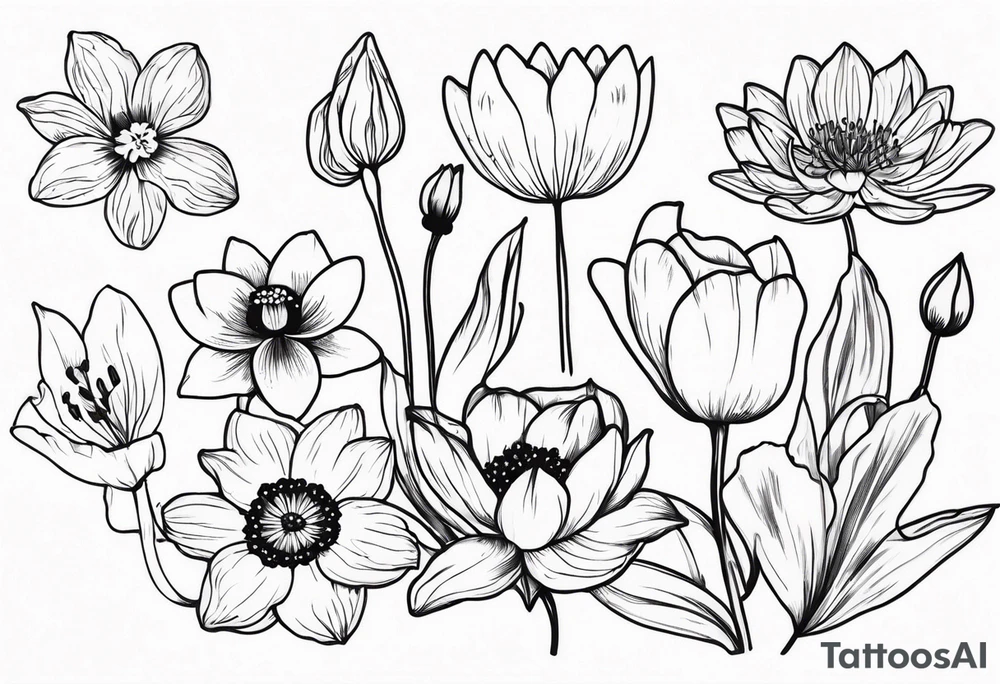 Poppy, water Lilly, Lilly of the valley, daffodil, cosmos tattoo idea