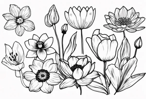 Poppy, water Lilly, Lilly of the valley, daffodil, cosmos tattoo idea