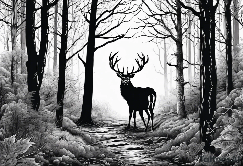 forrest scene with turkey tracks and deer antlers along the trees tattoo idea