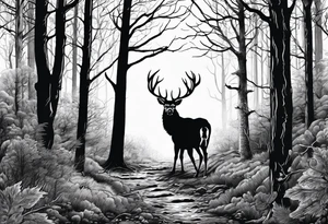 forrest scene with turkey tracks and deer antlers along the trees tattoo idea