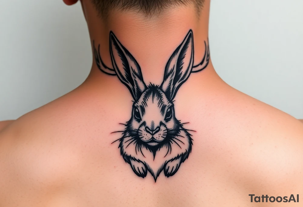 abstract jack rabbit with antlers coming out from its head, between the ears tattoo idea