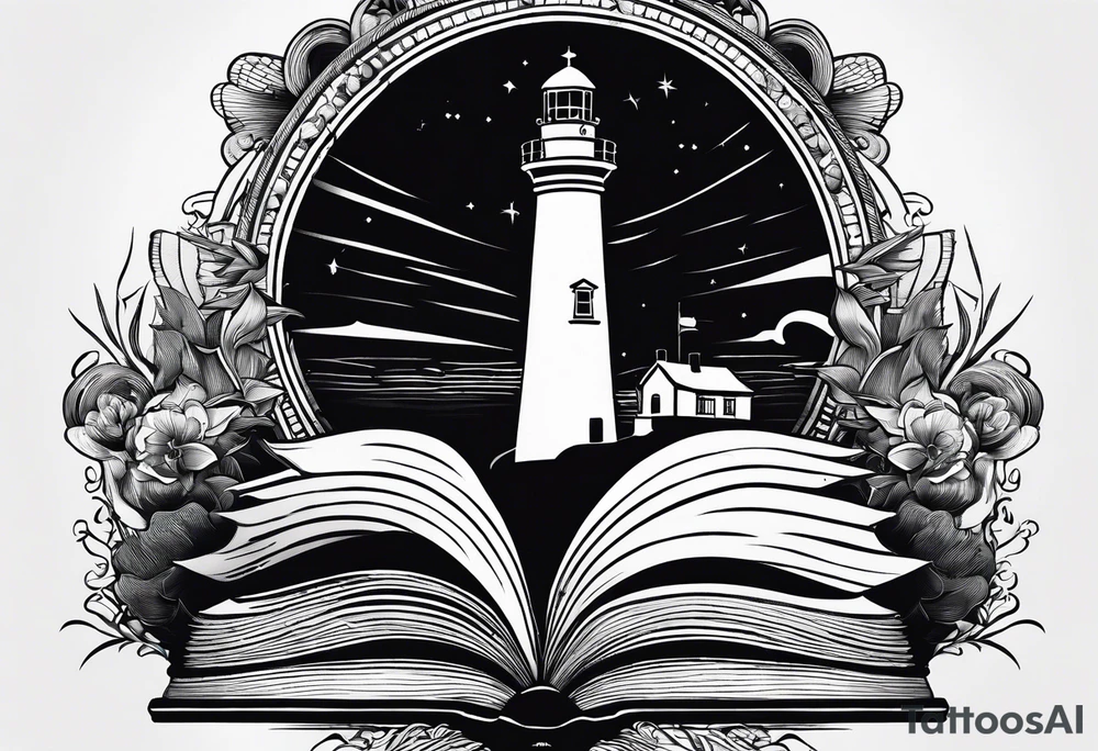 minimalist "open book" with a lighthouse in the middle and a clock tattoo idea