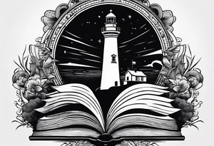 minimalist "open book" with a lighthouse in the middle and a clock tattoo idea