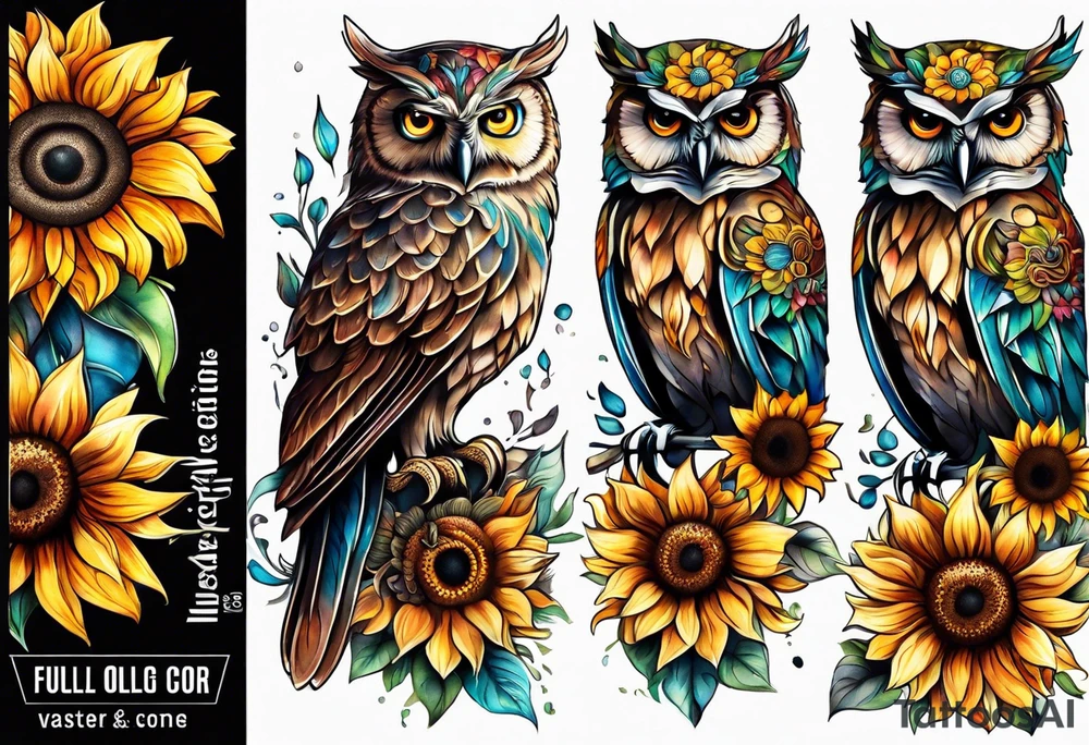 Leg sleeve with colorful sunflowers and an owl tattoo idea