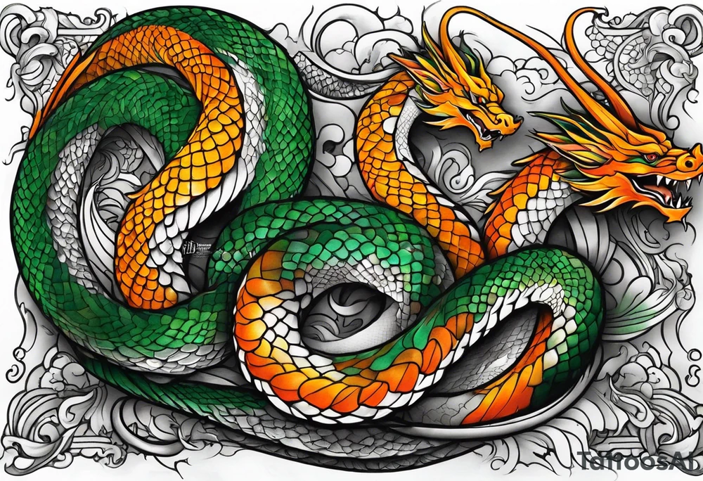Half sleeve Snake dragon green orange tattoo idea