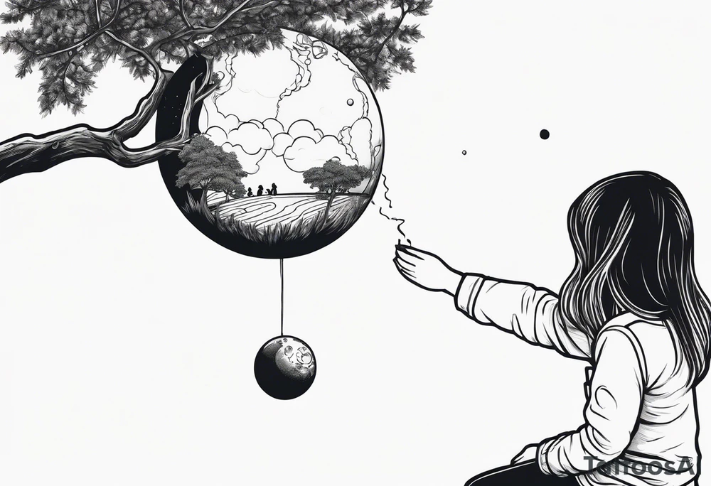 astronaut space suit hand holding a ball and within that ball is the back of a little girl sitting on a tree branch watching a space shuttle launch in the distance tattoo idea