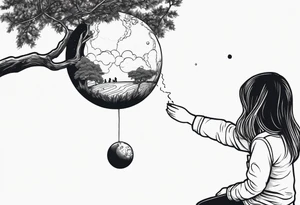 astronaut space suit hand holding a ball and within that ball is the back of a little girl sitting on a tree branch watching a space shuttle launch in the distance tattoo idea