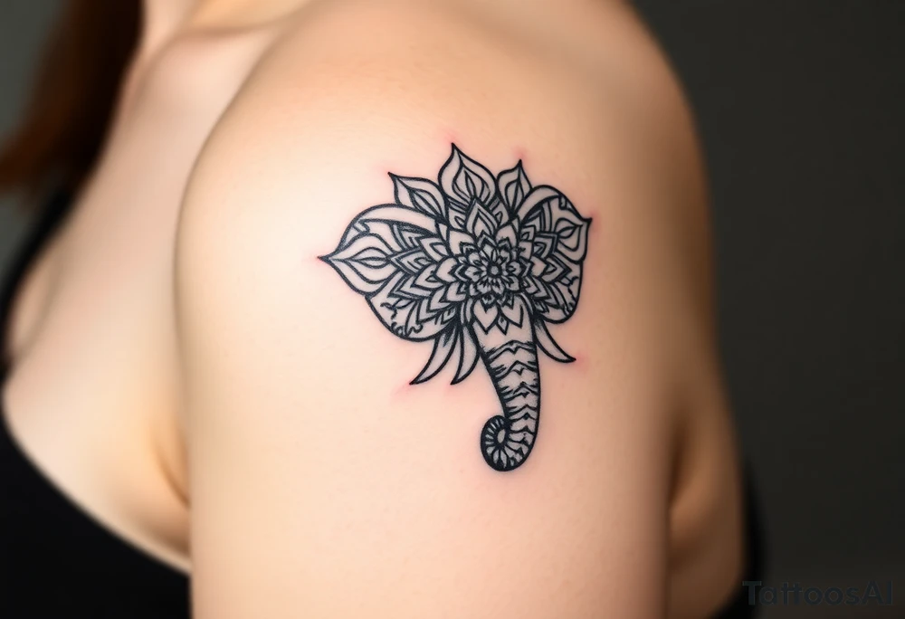 ornate mandala elephant head with upturned trunk tattoo idea