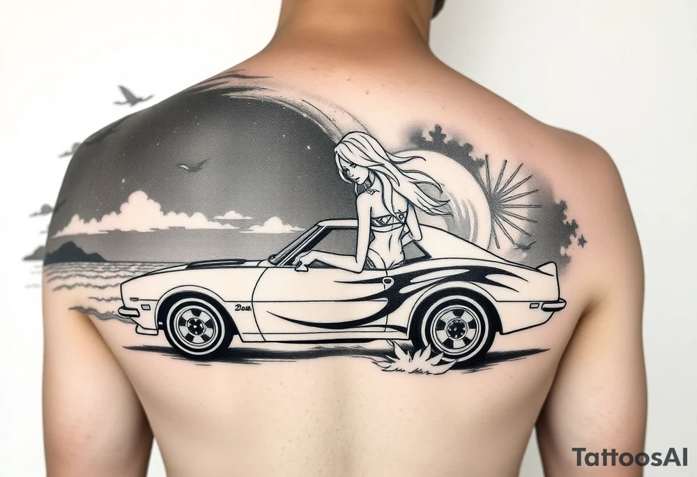 I want arm sleeve that starts with a beach with dale Earnhardt car on the beach with a hot blonde 80’s girl with big hair on the hood. Then an ocean with big waves then a big dark sky with the Milky Way in it and Jimi Hendrix Stratocaster in the sky tattoo idea