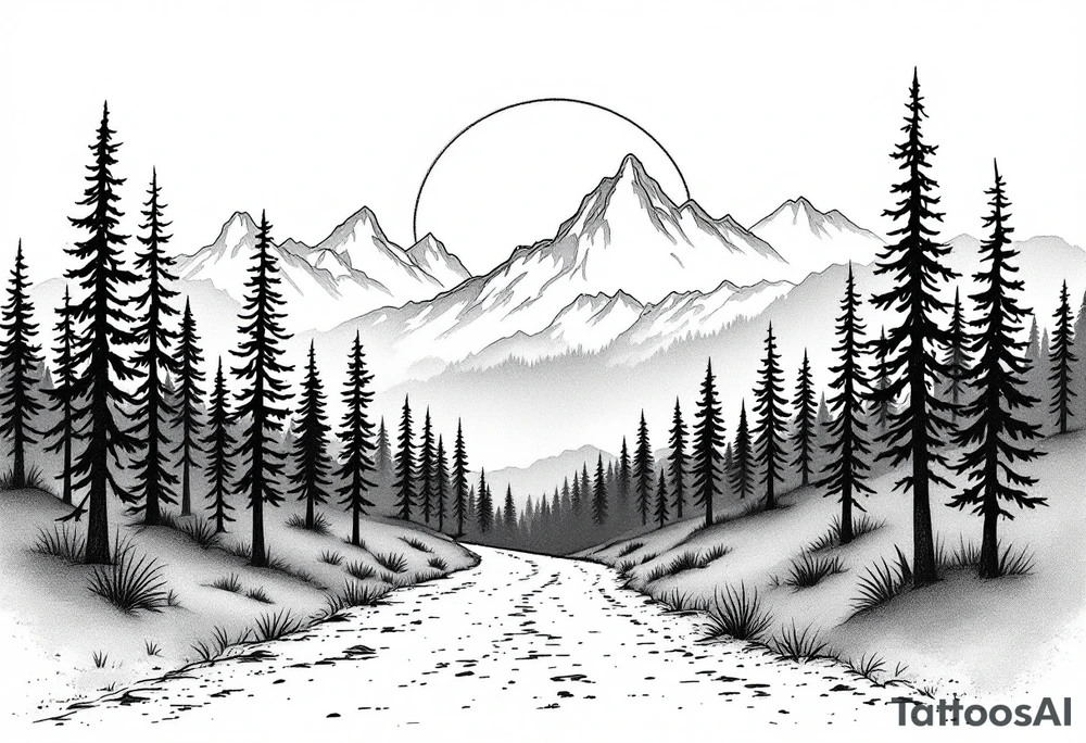 A path in the woods with mountains in the background, the word "Exile" blended in the drawing tattoo idea