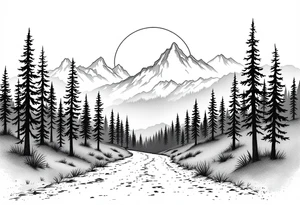 A path in the woods with mountains in the background, the word "Exile" blended in the drawing tattoo idea