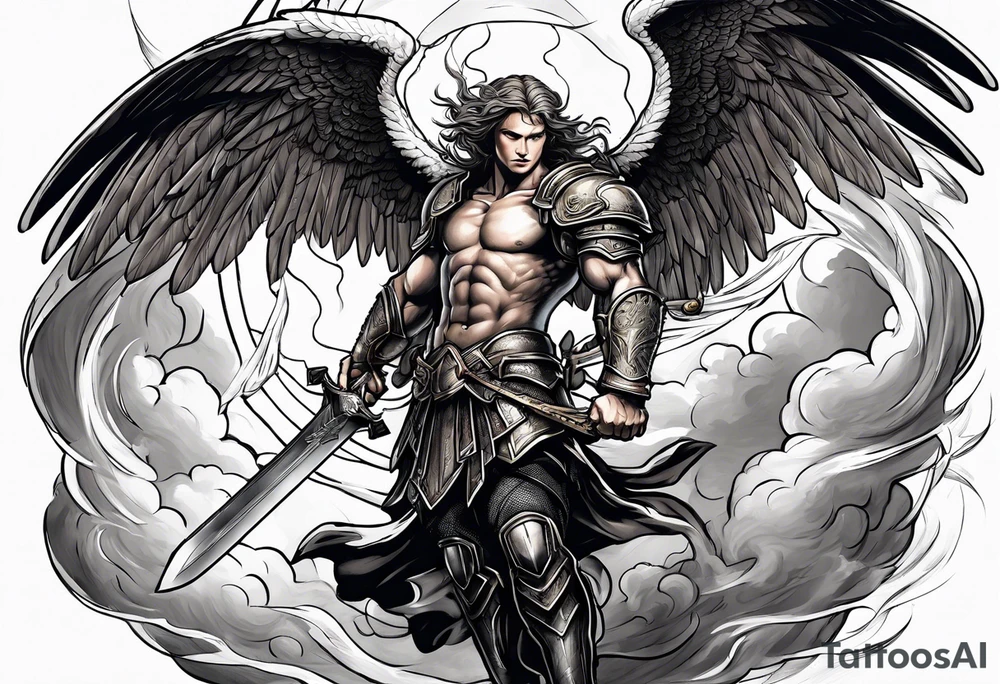 Michael the Archangel defeating the devil.  clouds and lightning in background tattoo idea