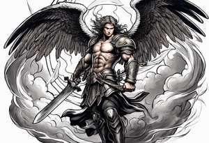 Michael the Archangel defeating the devil.  clouds and lightning in background tattoo idea