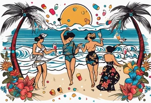 vintage beach dance party with music and confetti, tropical drinks tattoo idea