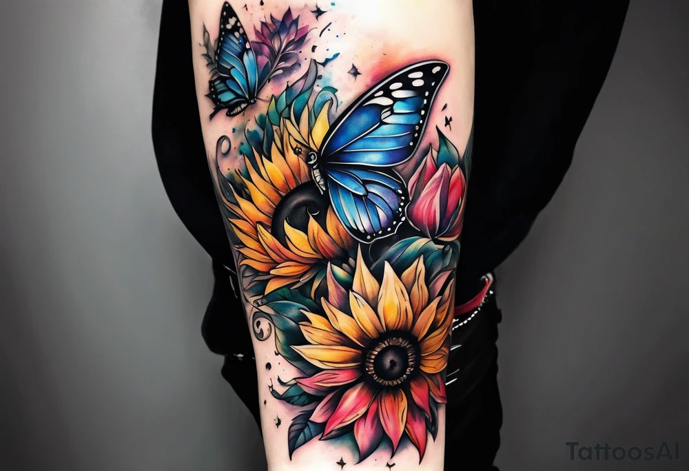 arm sleeve with winged cross, rainbow sunflowers and butterflies tattoo idea