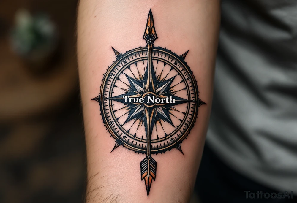 rustic compass/clock with a native american arrow going thru it and say "True North" tattoo idea