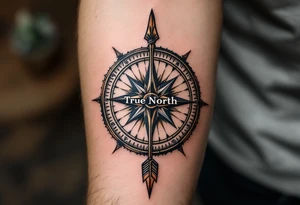rustic compass/clock with a native american arrow going thru it and say "True North" tattoo idea