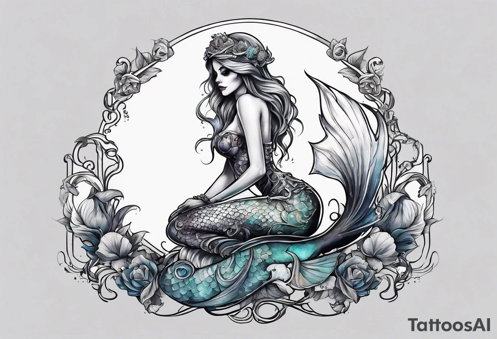 Skeleton mermaid sitting on tock tattoo idea