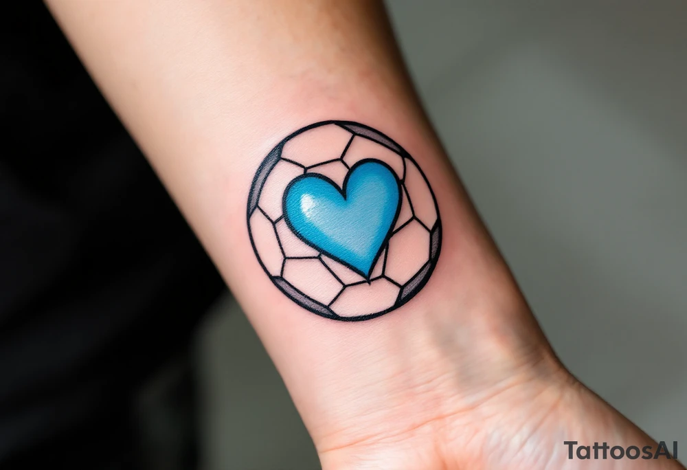A minimalist black outline of a soccer ball with a single blue heart at its center. tattoo idea
